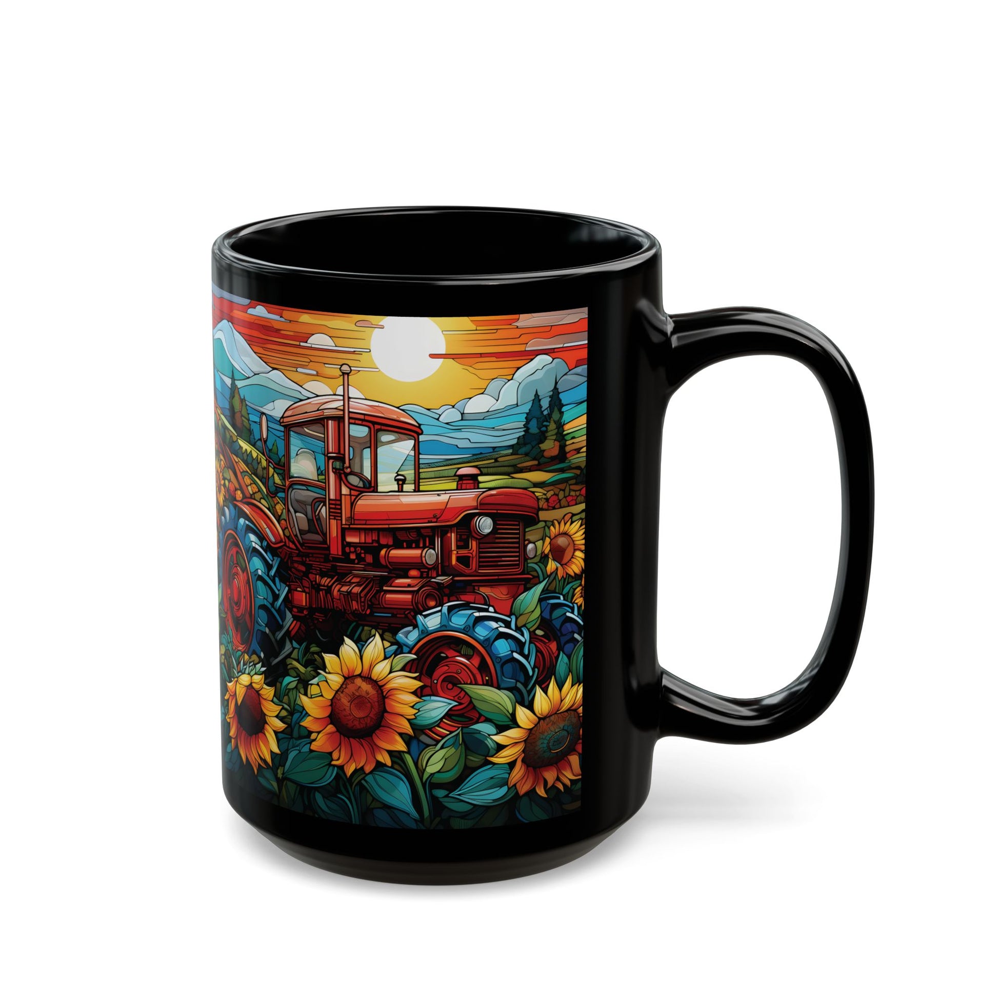 Sunflower Tractor Black Mug — Vintage Tractor Country Coffee Cup (15 oz)