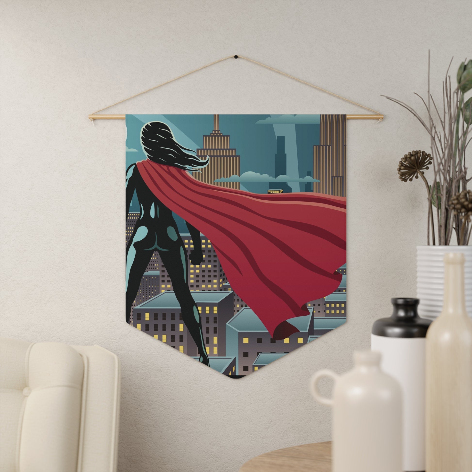 Female Superhero Cityscape Pennant — Red Cape Wall Banner for Kids' Room & Nerdy Decor