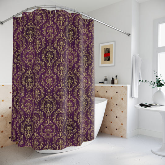 Damask Shower Curtain – Vintage Ornate Plum & Gold Bath Decor