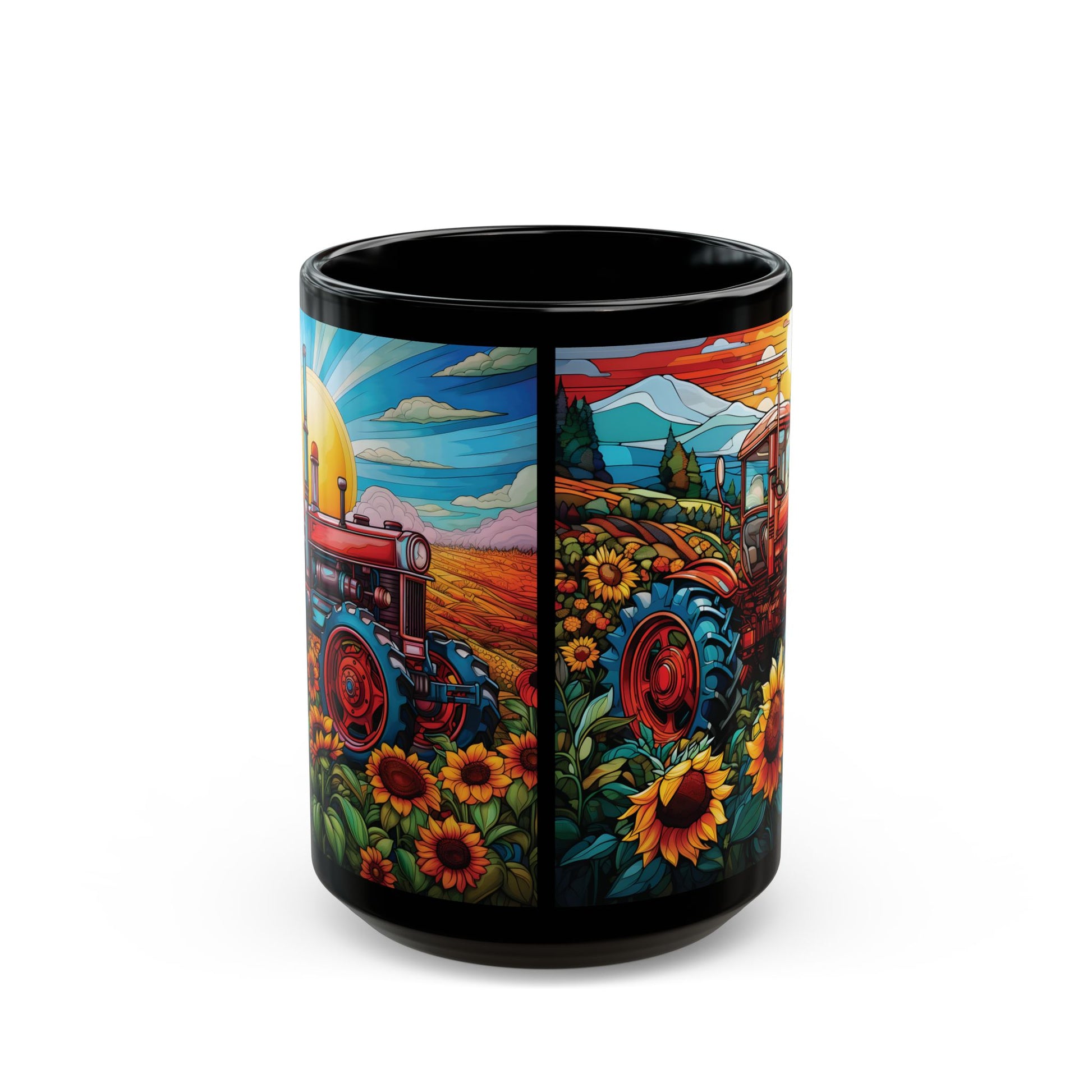 Sunflower Tractor Black Mug — Vintage Tractor Country Coffee Cup (15 oz)