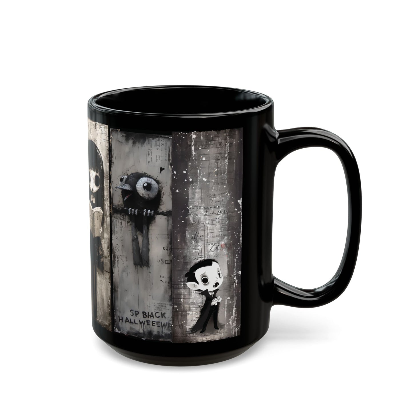 Gothic Halloween Character Black Mug — Spooky Skull, Ghost & Girl Art (15oz)