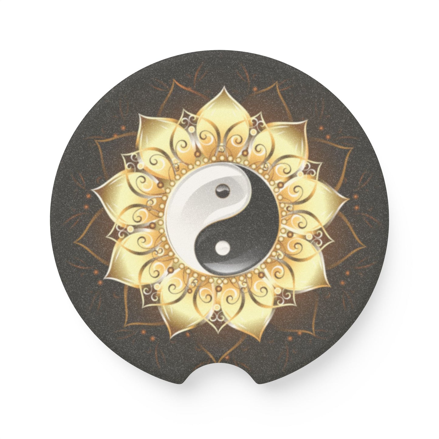 Yin Yang Mandala Soapstone Car Coaster — Gold Lotus Balance Car Cup Holder Insert