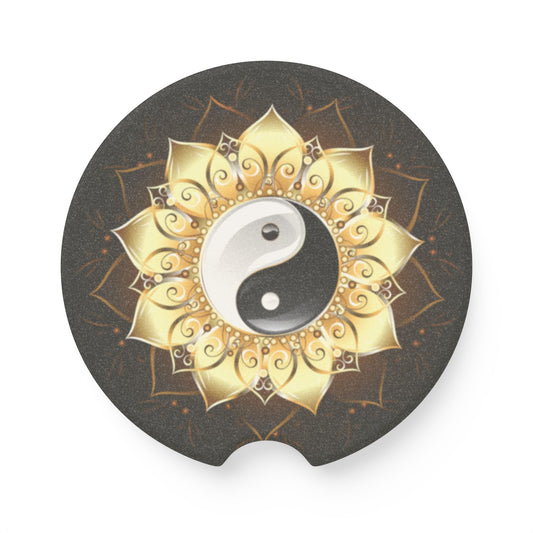 Yin Yang Mandala Soapstone Car Coaster — Gold Lotus Balance Car Cup Holder Insert