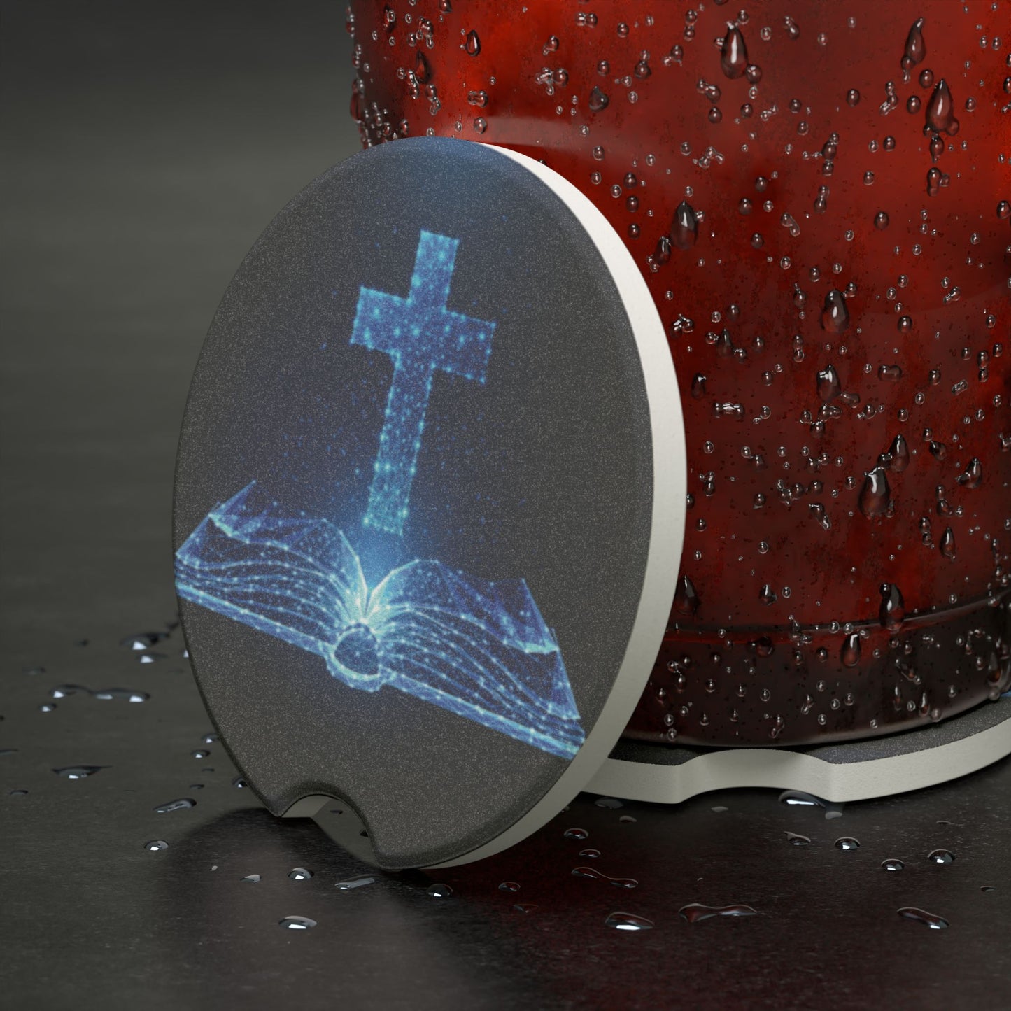 Soapstone Car Coaster - Blue Cross & Open Bible Religious Car Cup Holder Coaster