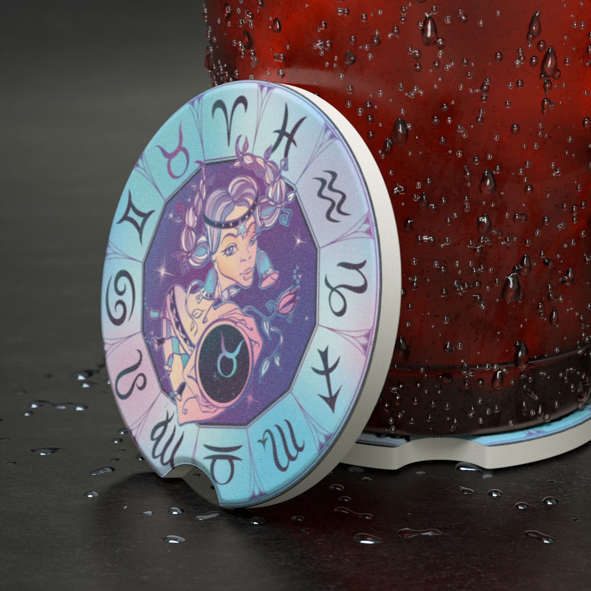 Zodiac Taurus Soapstone Car Coaster — Pastel Astrology Car Cup Holder Insert