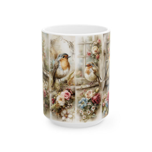 Vintage Robin Floral Ceramic Mug – Cottagecore Bird Tea Coffee Cup (15oz)