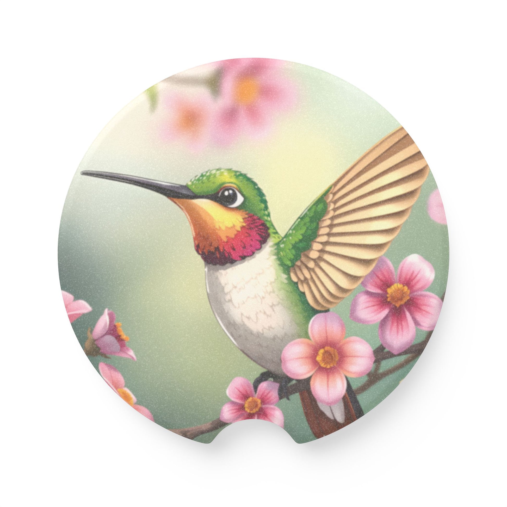 Hummingbird Blossom Soapstone Car Coaster — Floral Bird Cup Holder Protector