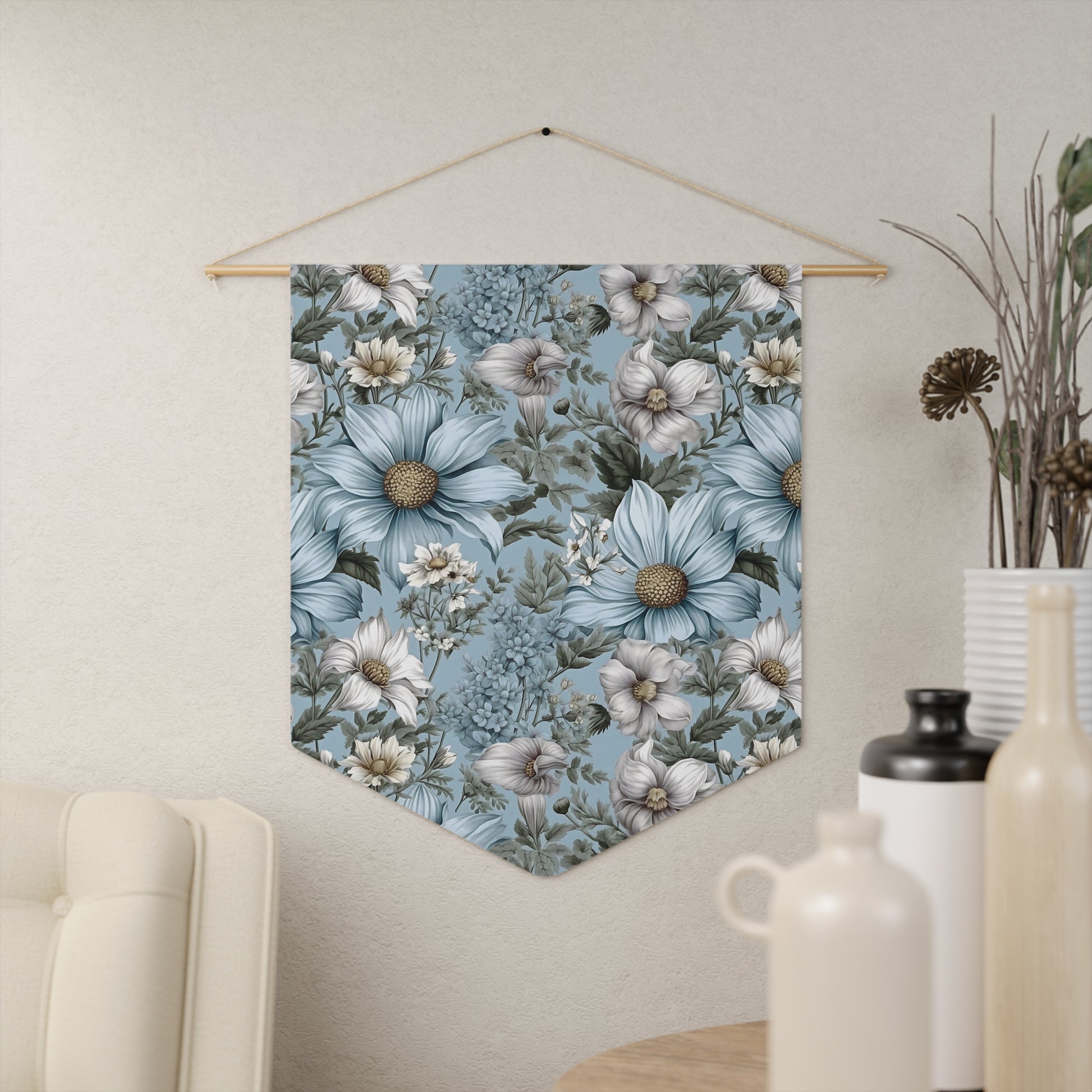 Blue Floral Pennant Banner — Vintage Blue Daisy Wall Hanging