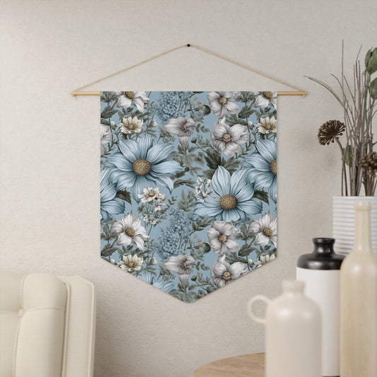 Blue Floral Pennant Banner — Vintage Blue Daisy Wall Hanging