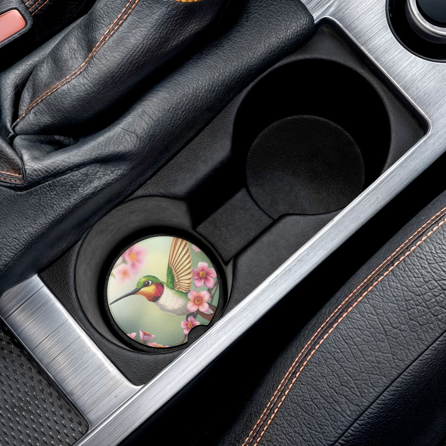 Hummingbird Blossom Soapstone Car Coaster — Floral Bird Cup Holder Protector