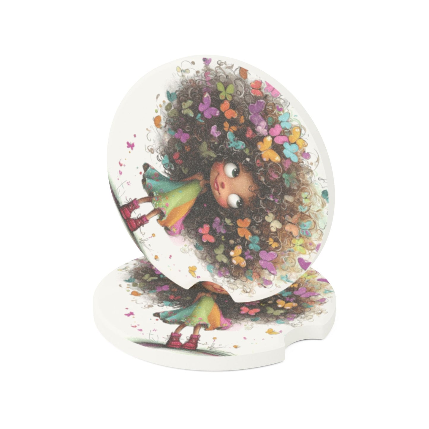 Car Coaster — Whimsical Girl with Butterfly Hair Soapstone Car Cup Holder Coaster