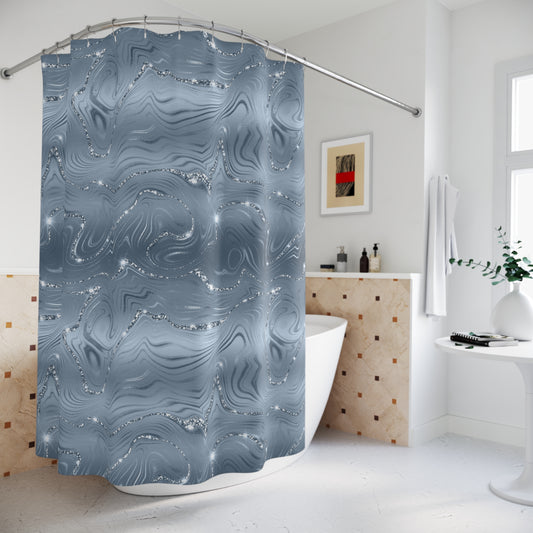 Silver Blue Marble Shower Curtain — Metallic Swirl Bathroom Decor