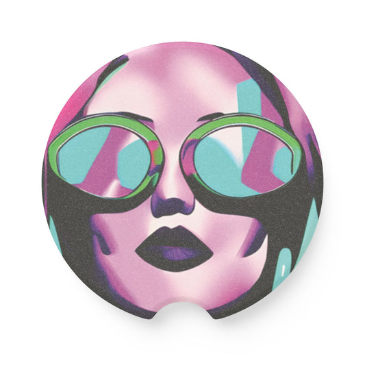Retro Neon Woman Soapstone Car Coaster — Pink & Teal Woman In Sunglasses Design