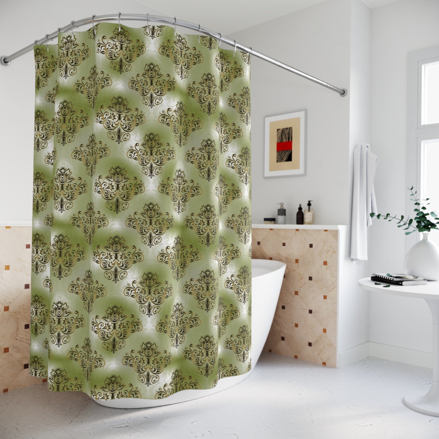 Damask Print Shower Curtain Green and Gold