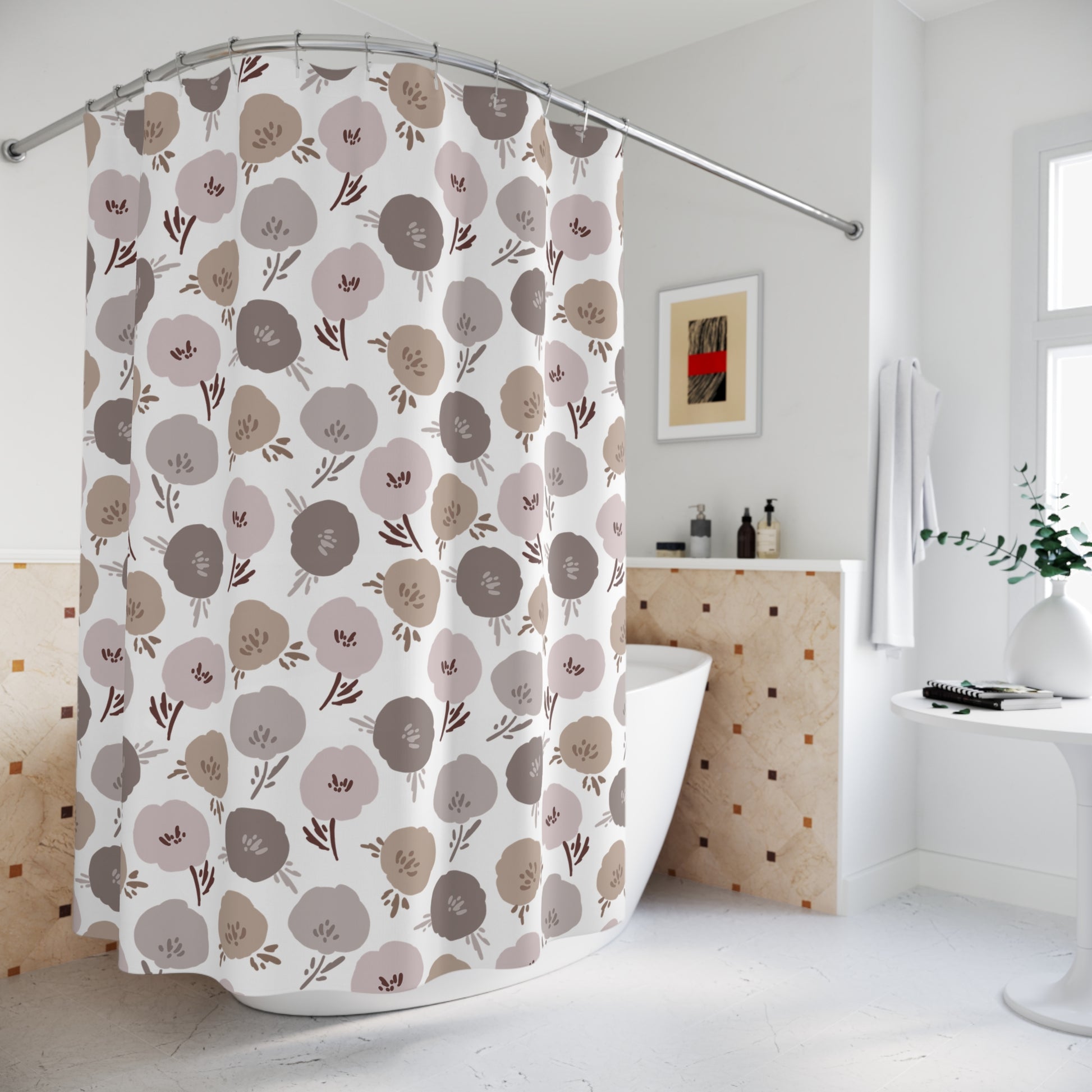 Neutral Floral Shower Curtain — Minimal Beige & Taupe Blossom Bathroom Décor