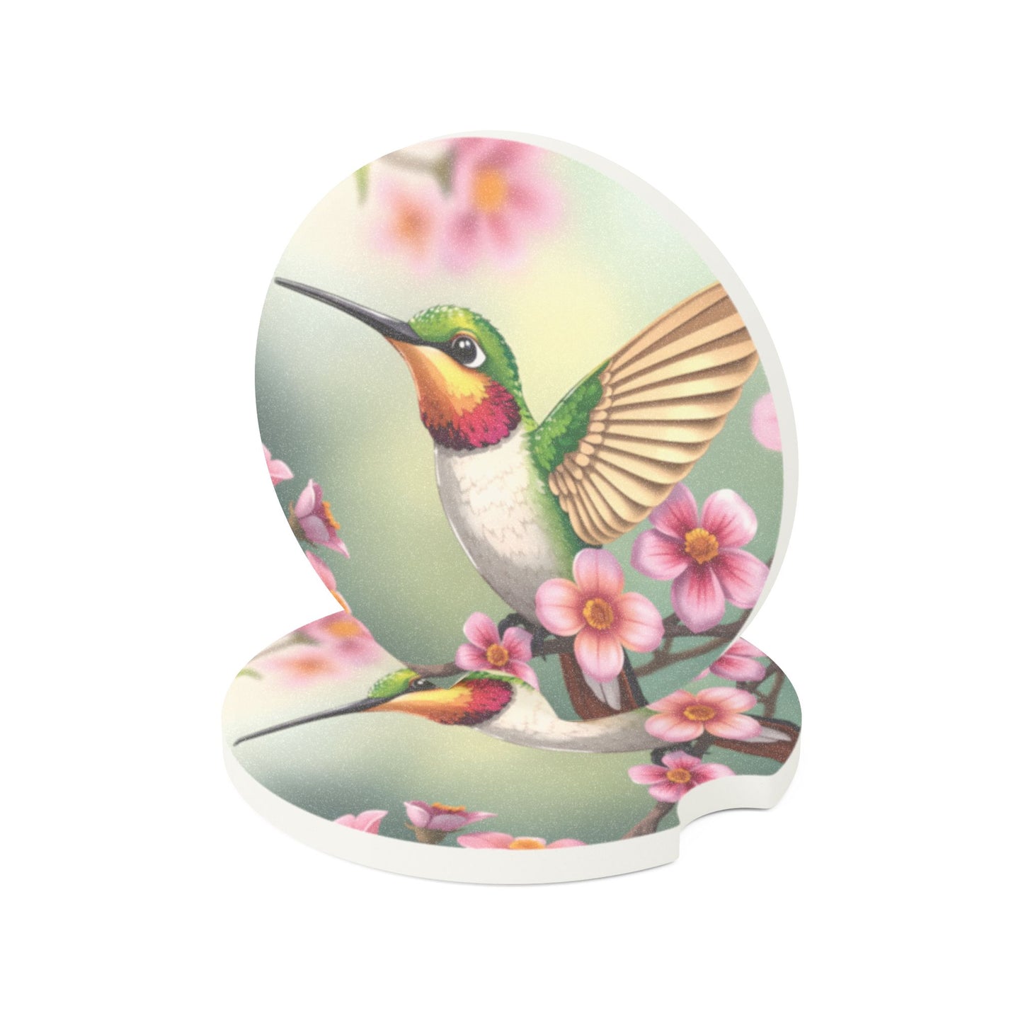 Hummingbird Blossom Soapstone Car Coaster — Floral Bird Cup Holder Protector