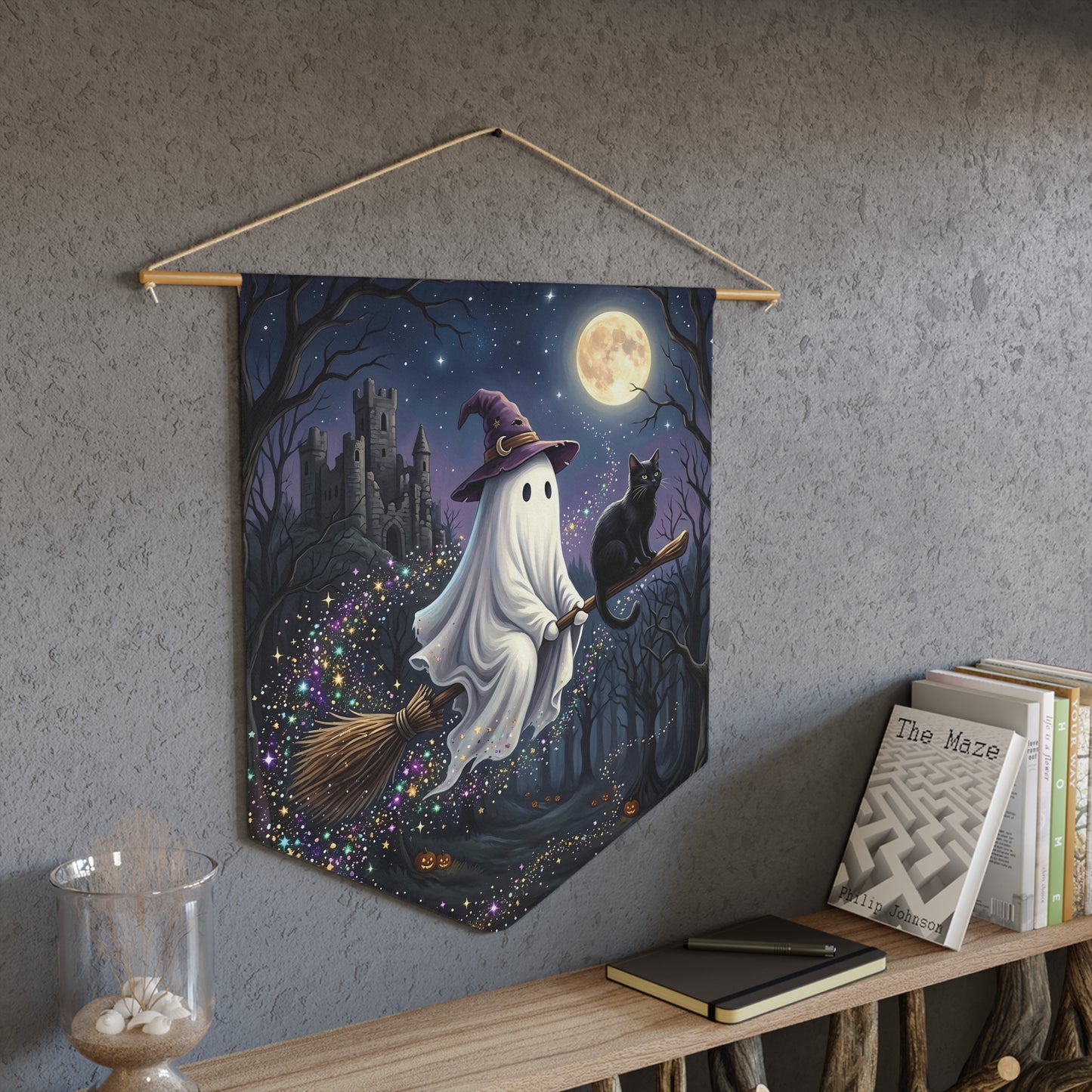 Halloween Ghost Witch Pennant Banner — Cute Flying Ghost with Black Cat, Full Moon Night Décor