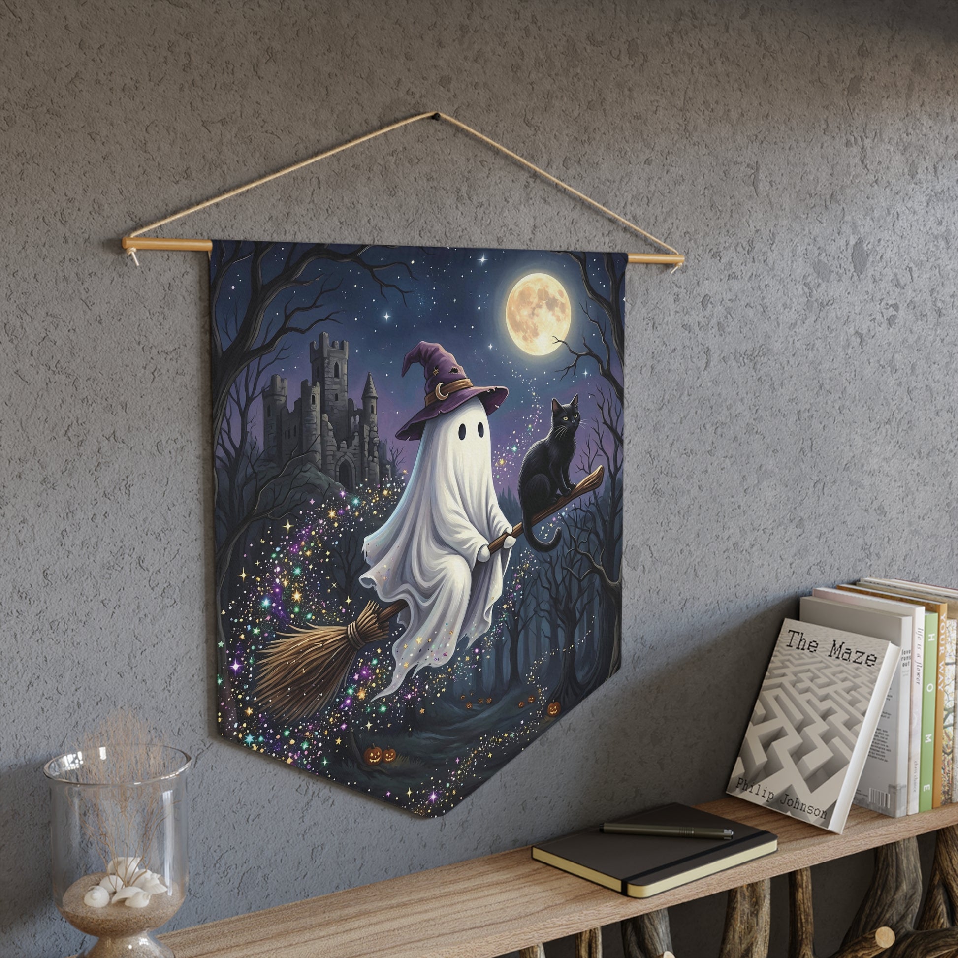 Halloween Ghost Witch Pennant Banner — Cute Flying Ghost with Black Cat, Full Moon Night Décor