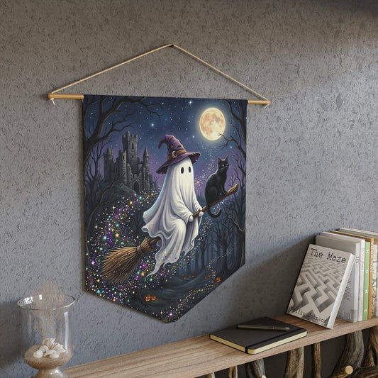 Halloween Ghost Witch Pennant Banner — Cute Flying Ghost with Black Cat, Full Moon Night Décor