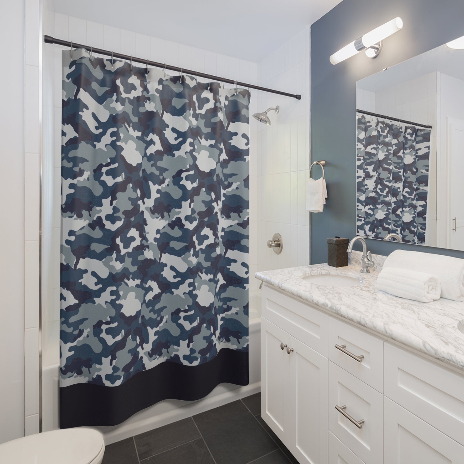Blue Camo Shower Curtain-Dark Blue Border