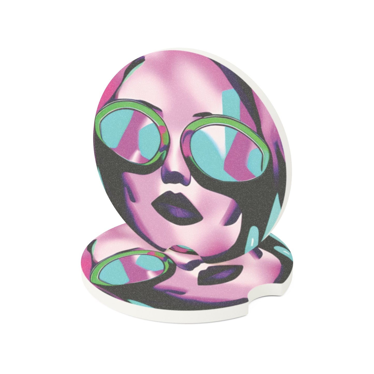 Retro Neon Woman Soapstone Car Coaster — Pink & Teal Woman In Sunglasses Design