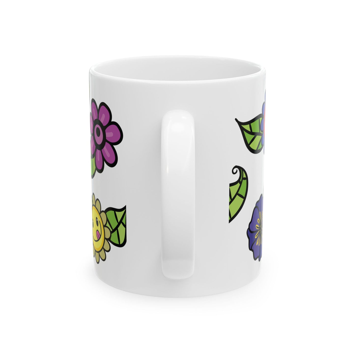 Happy Floral Ceramic Mug — Colorful Cartoon Flower Pattern (11oz )