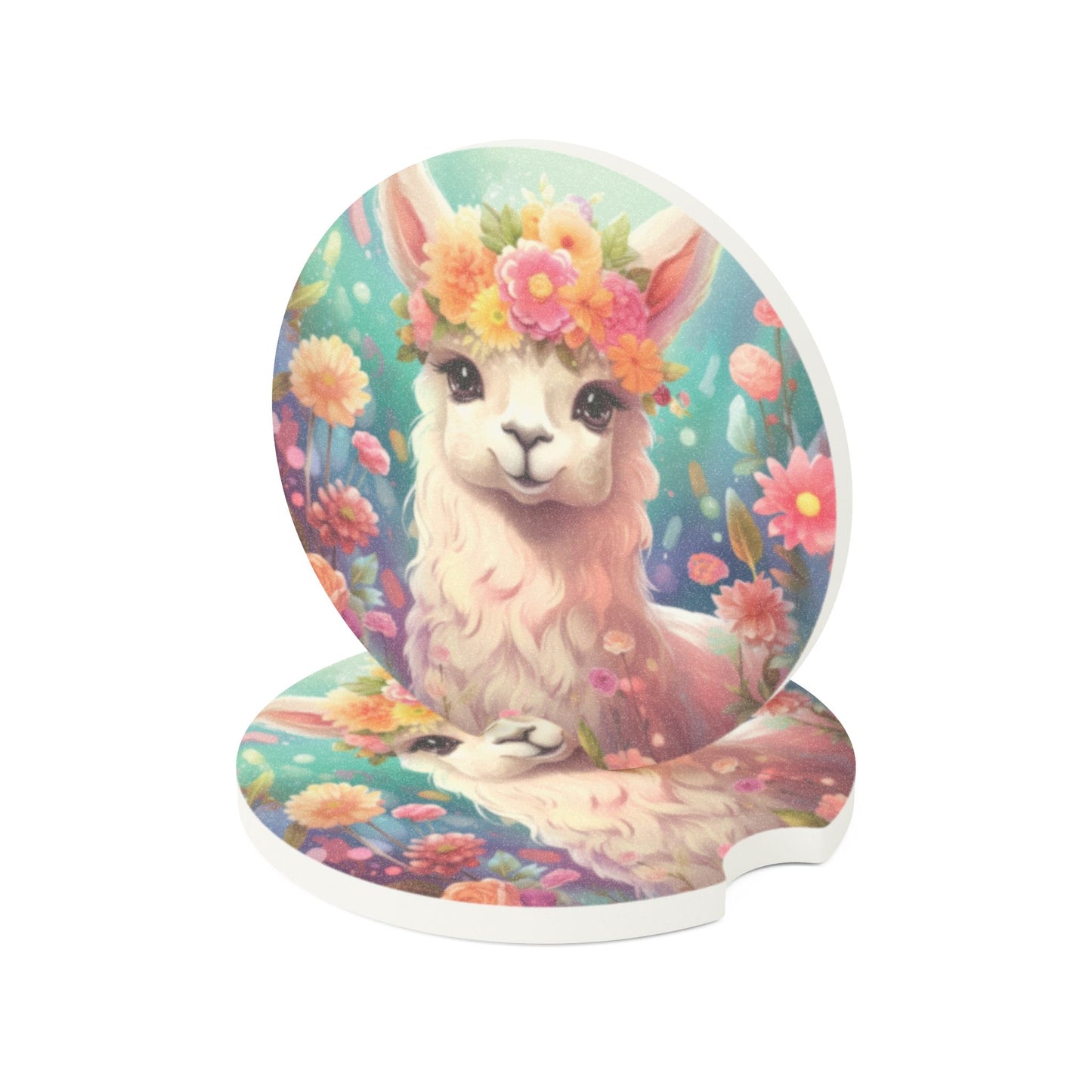 Cute Floral Llama Car Coaster — Soapstone Drink Coaster for Cupholders