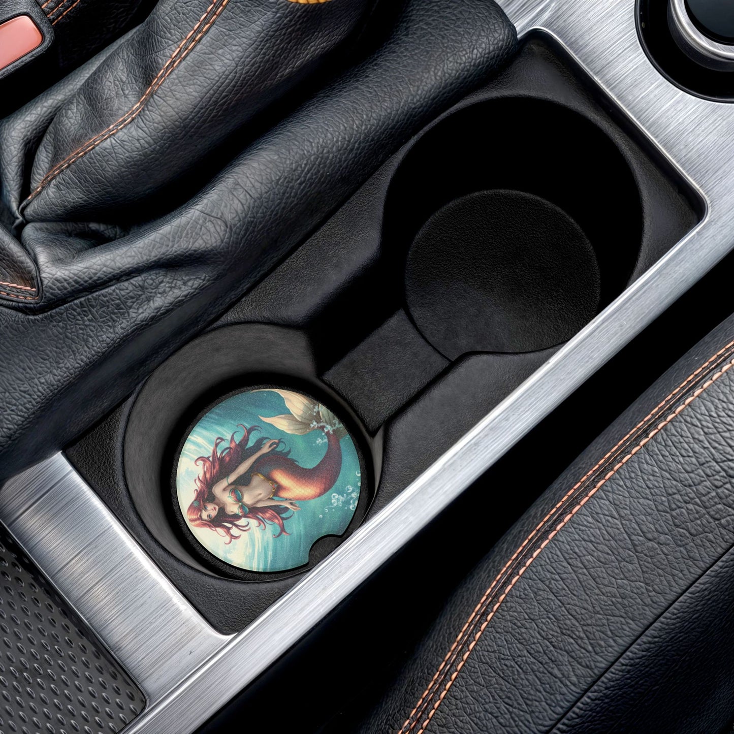 Mermaid Soapstone Car Coaster — Round Drink Holder for Cupholders