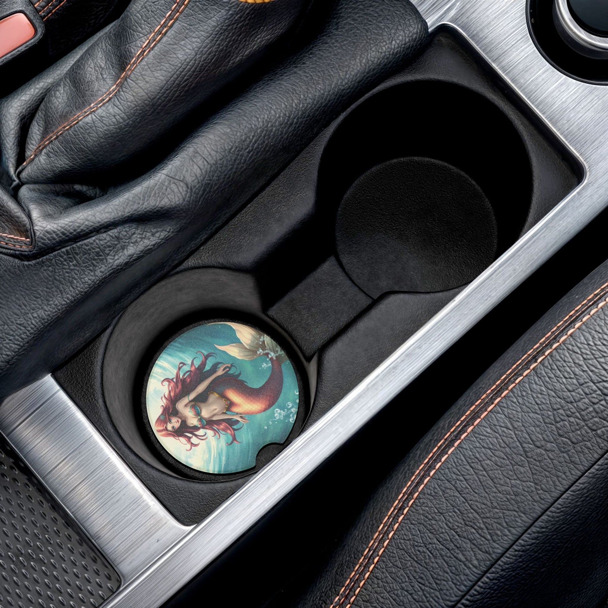 Mermaid Soapstone Car Coaster — Round Drink Holder for Cupholders