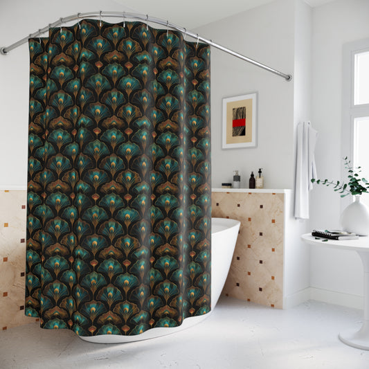 Peacock Feather Pattern Shower Curtain — Teal & Bronze Art Deco Bath Curtain