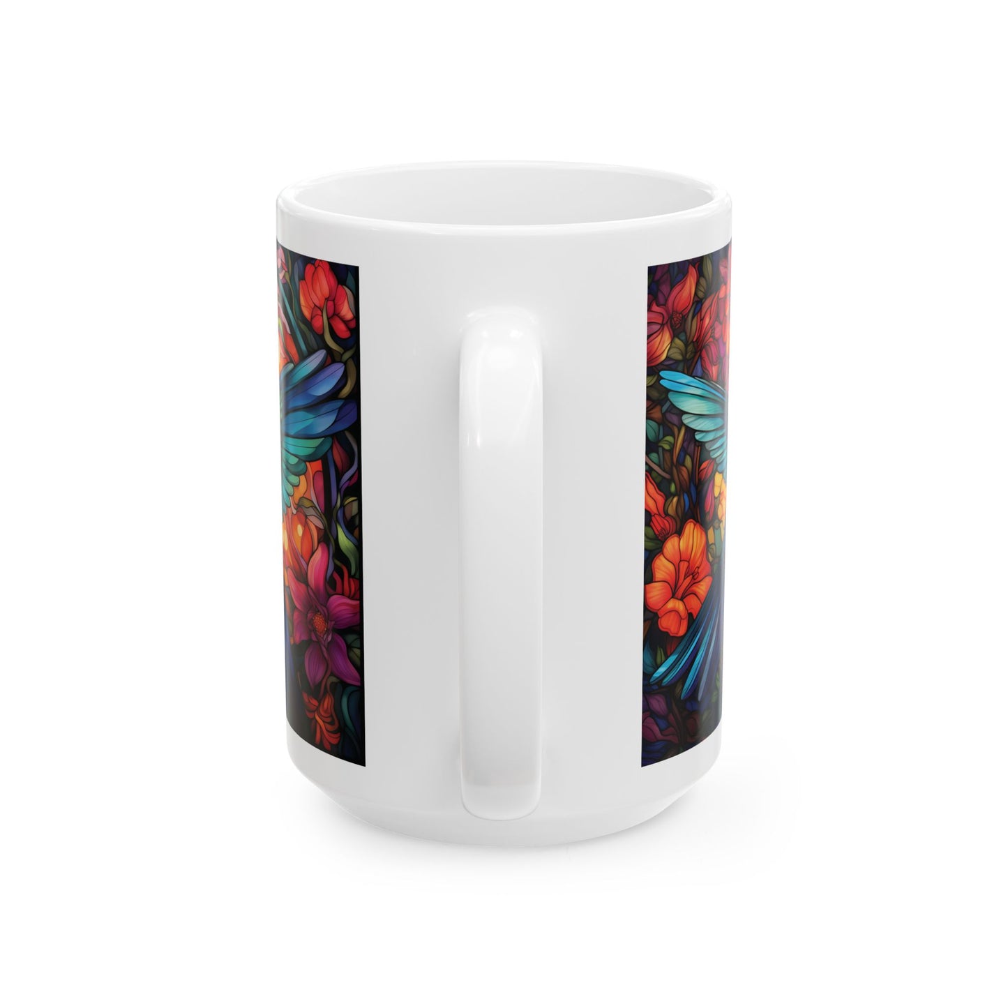 Floral Hummingbird Ceramic Mug — Vibrant Stained-Glass Nature Art (15oz)