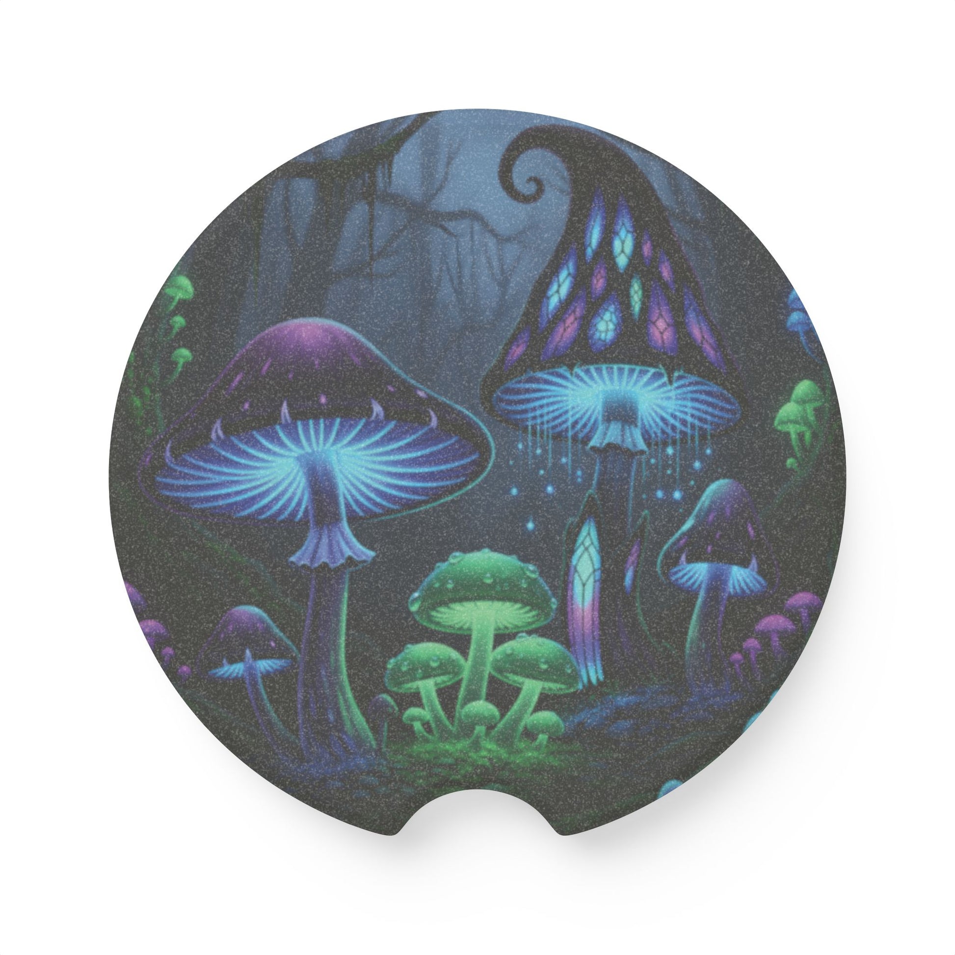 Mystical Glowing Mushrooms Soapstone Car Coaster — UV Neon Fungi Design