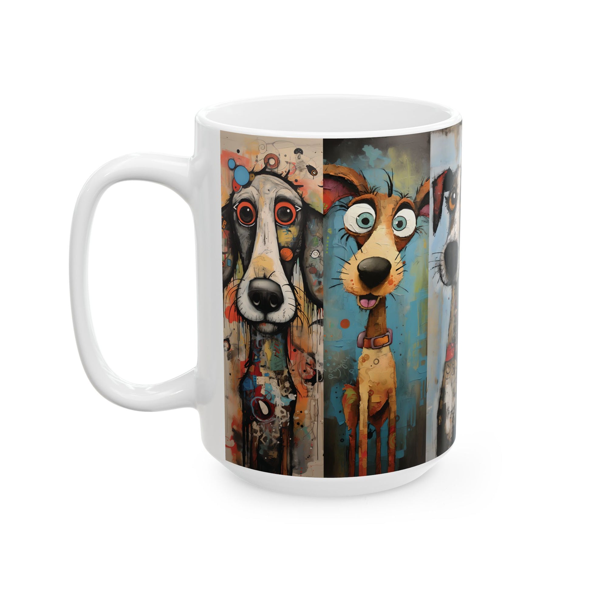Colorful Whimsical Dogs Ceramic Mug — Cute Artistic Dog Portrait Coffee Cup (15oz)