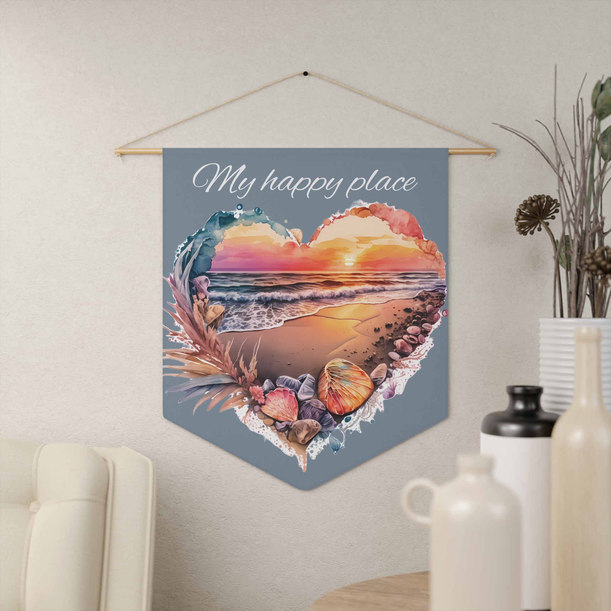 My Happy Place Beach Pennant Wall Banner — Coastal Heart Sunset Decor