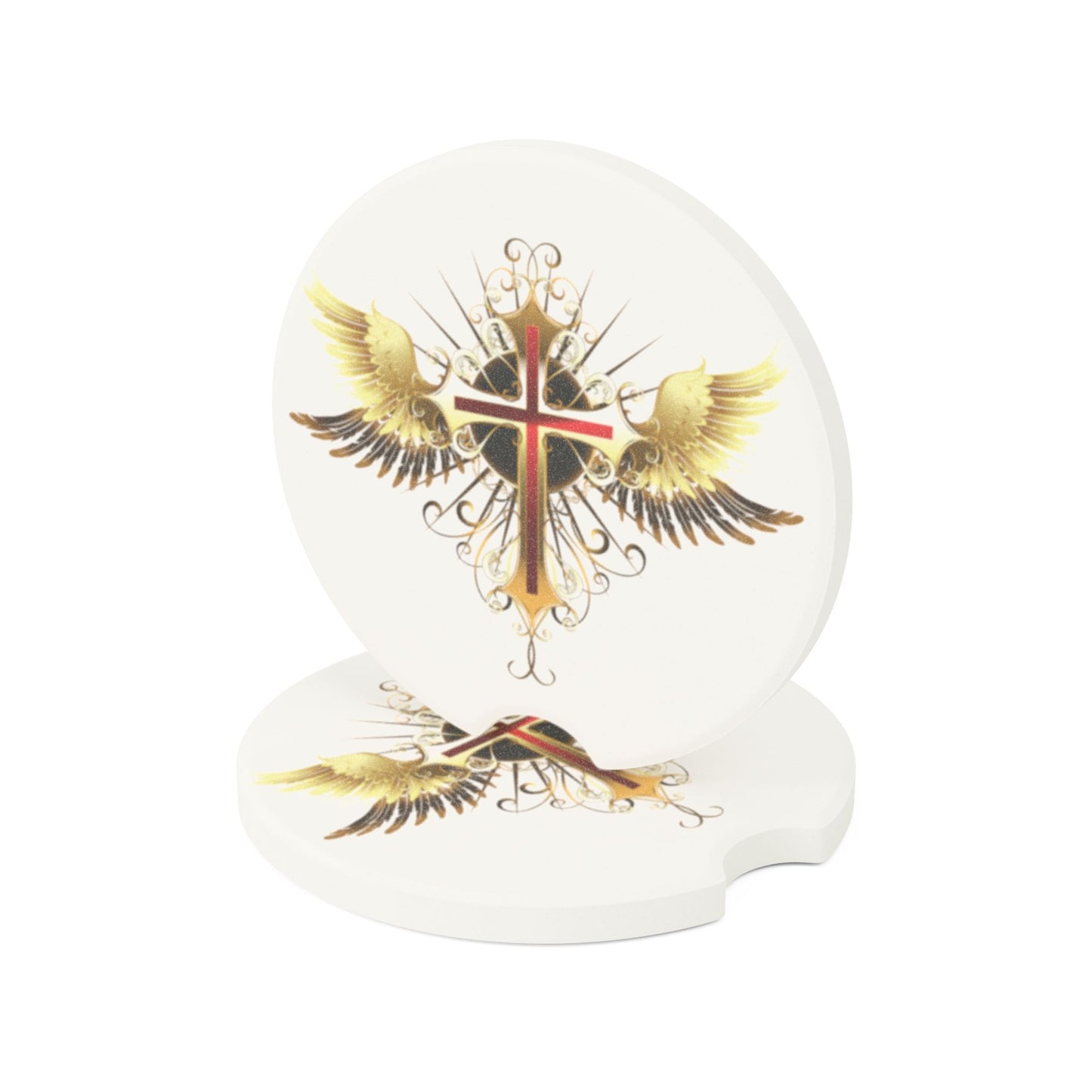 Winged Cross Soapstone Car Coaster – Christian Religious Religious Car Cup Holder Insert