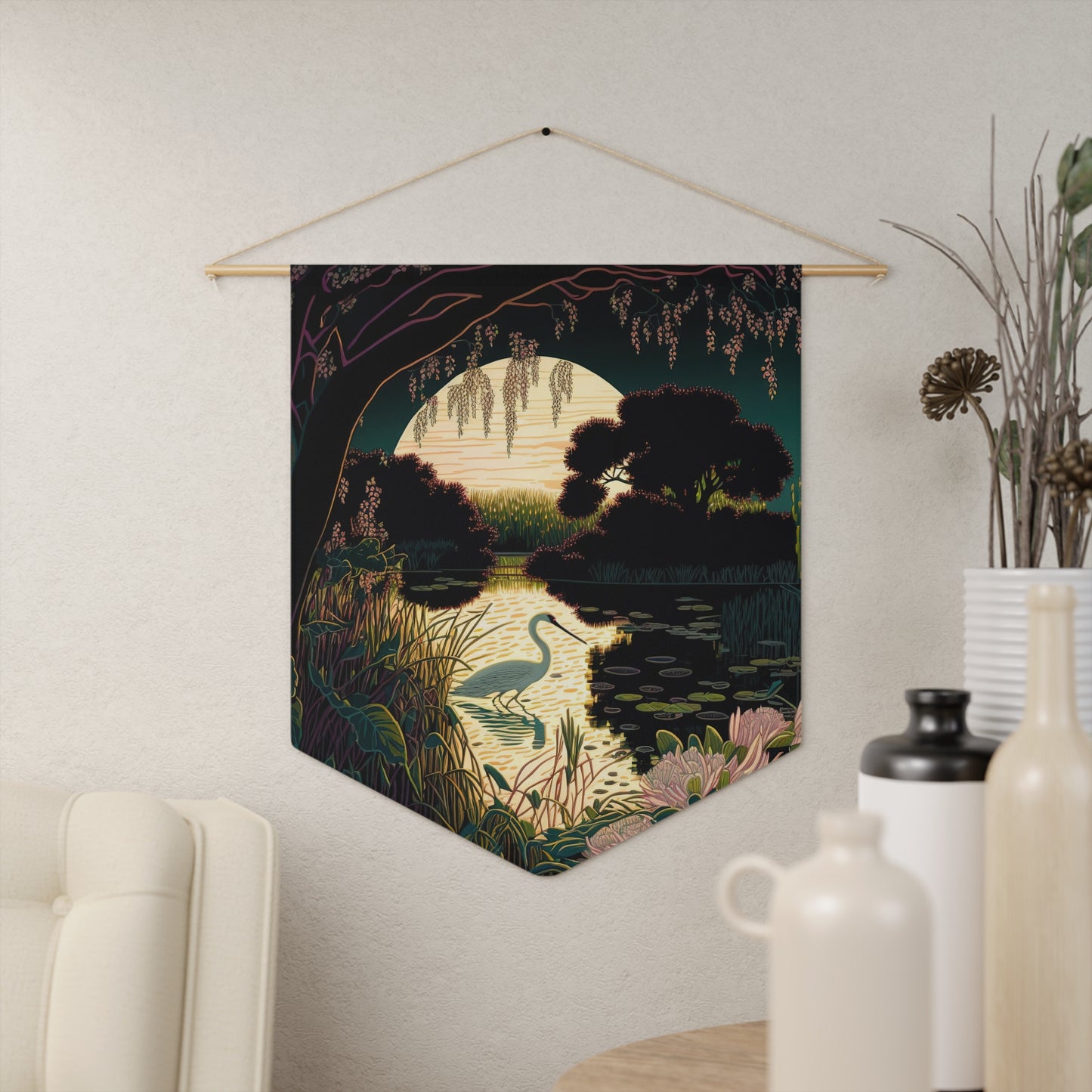 Moonlit Marsh Pennant Wall Banner — Heron at Twilight Decorative Flag