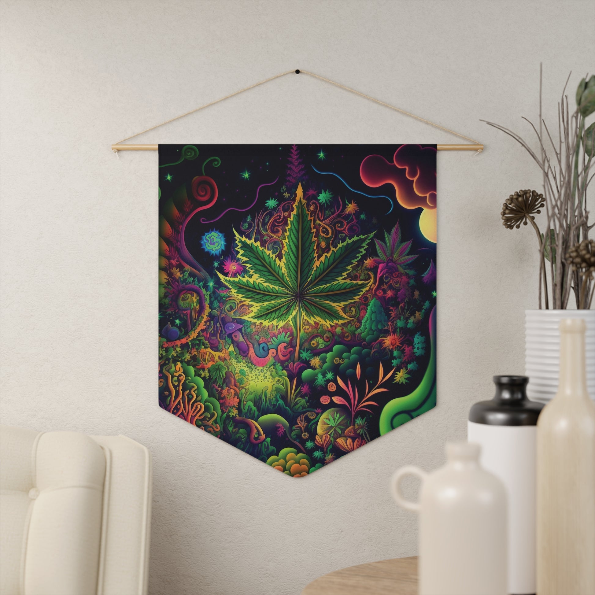 Psychedelic Cannabis Leaf Pennant – Neon Trippy Wall Banner