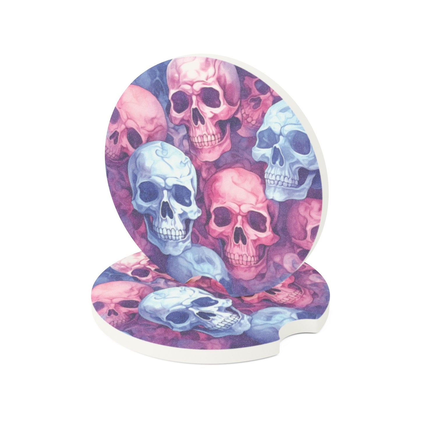 Skull Pattern Soapstone Car Coaster — Colorful Watercolor Skull Drink Holder Protector
