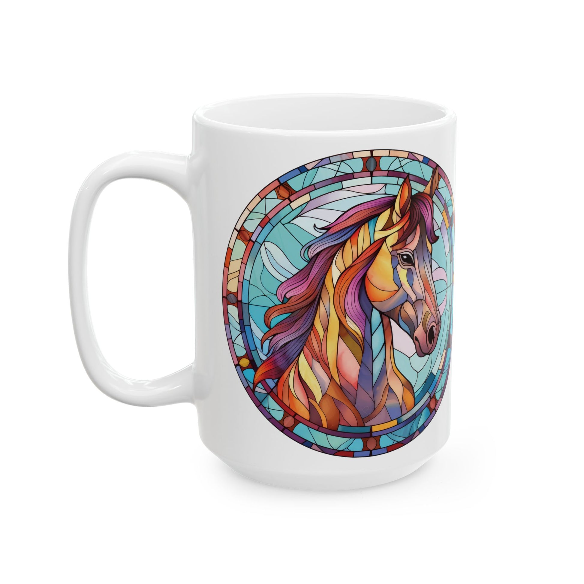 Stained Glass Horse Ceramic Mug – Colorful Equestrian Art Coffee Cup (15oz)