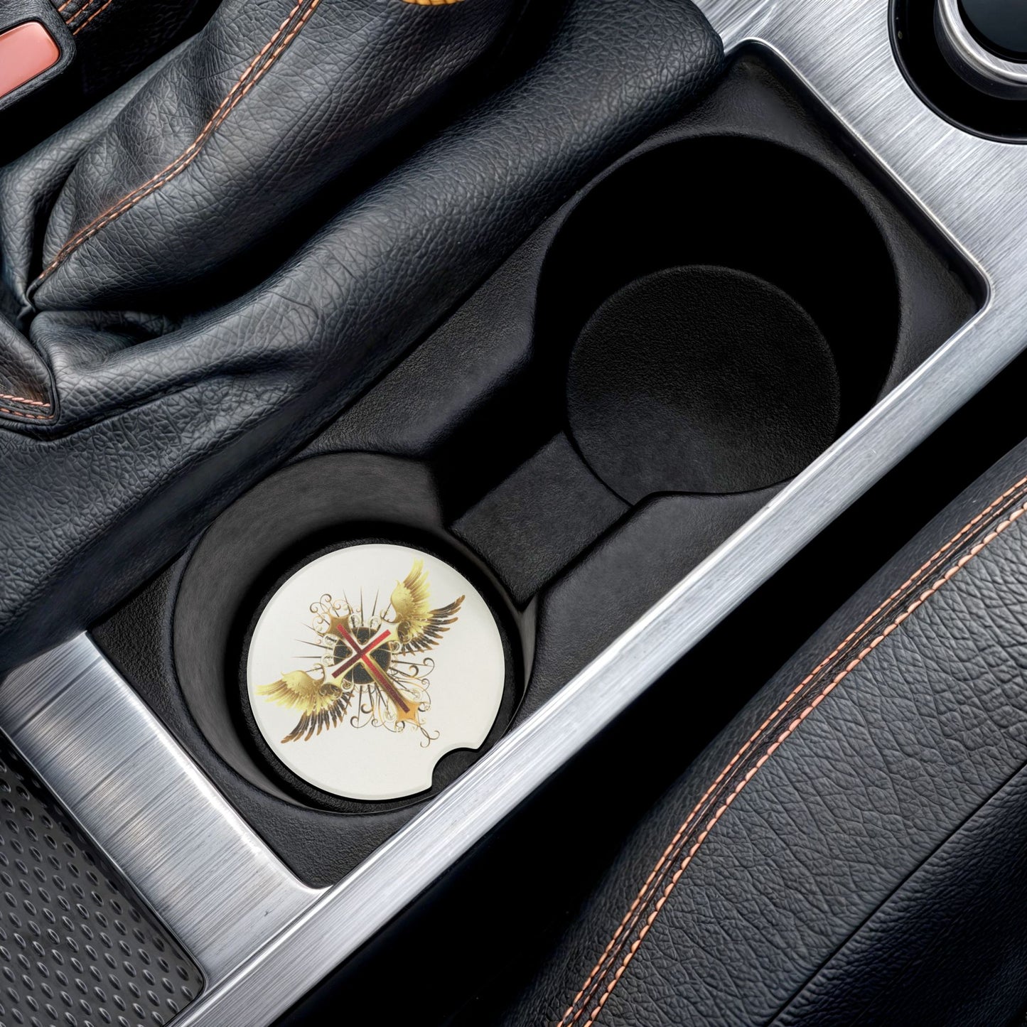 Winged Cross Soapstone Car Coaster – Christian Religious Religious Car Cup Holder Insert