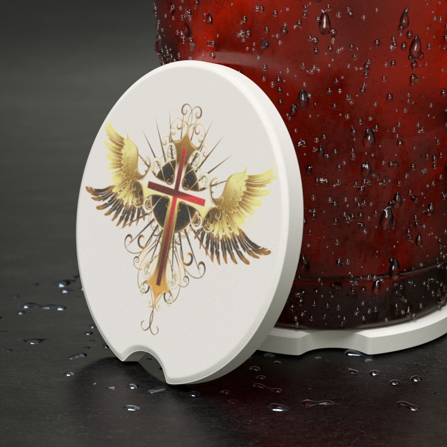 Winged Cross Soapstone Car Coaster – Christian Religious Religious Car Cup Holder Insert