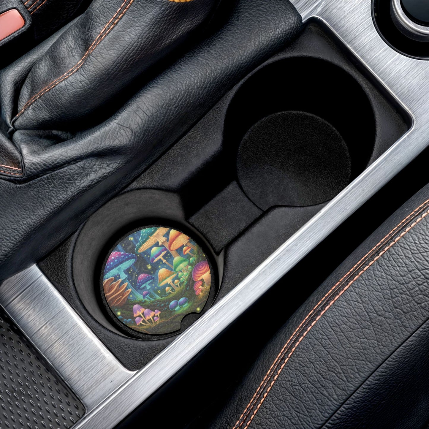 Enchanted Mushroom Forest Soapstone Car Coaster — Colorful Psychedelic Fungi Cup Holder Insert