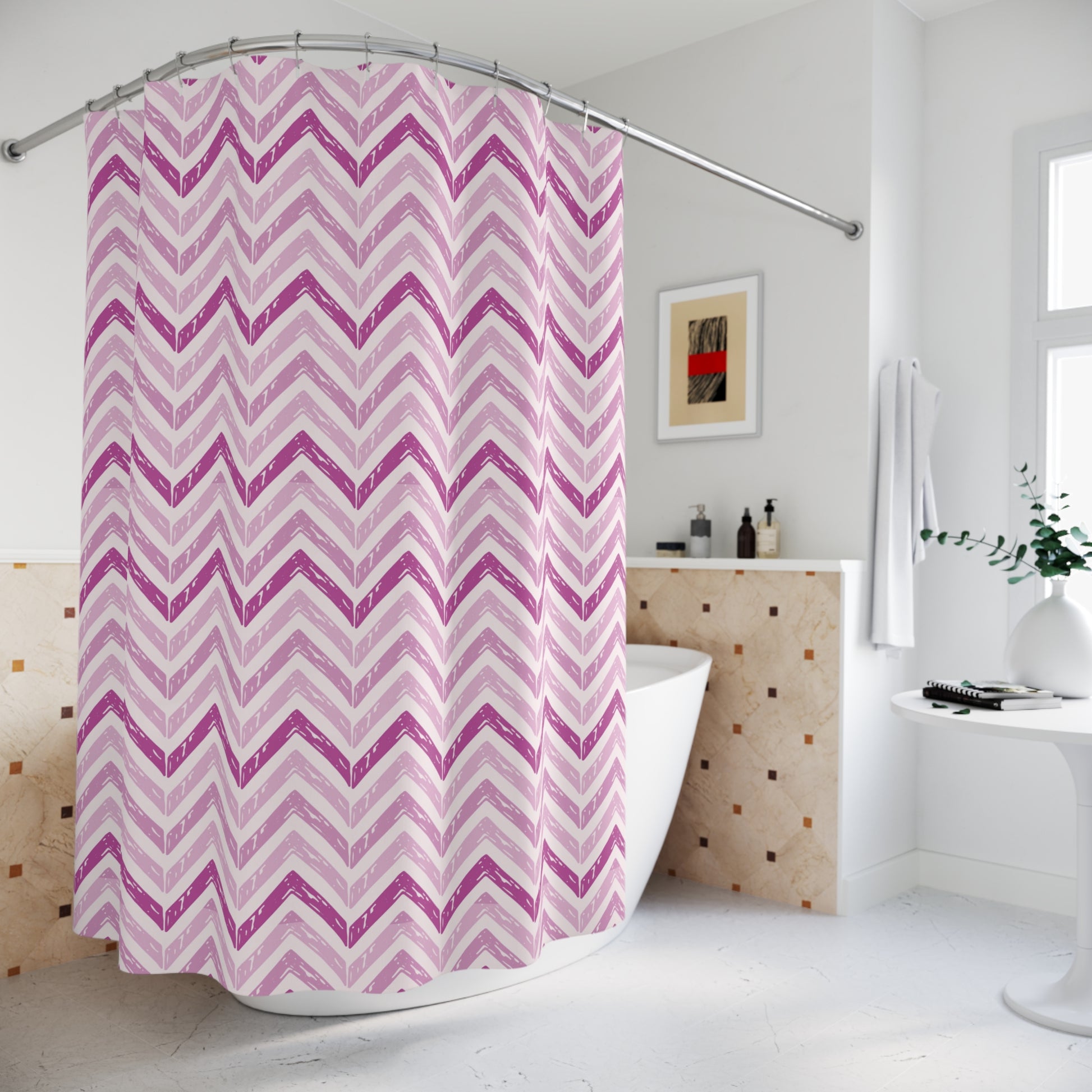 Chevron Print Shower Curtain - Pink and White