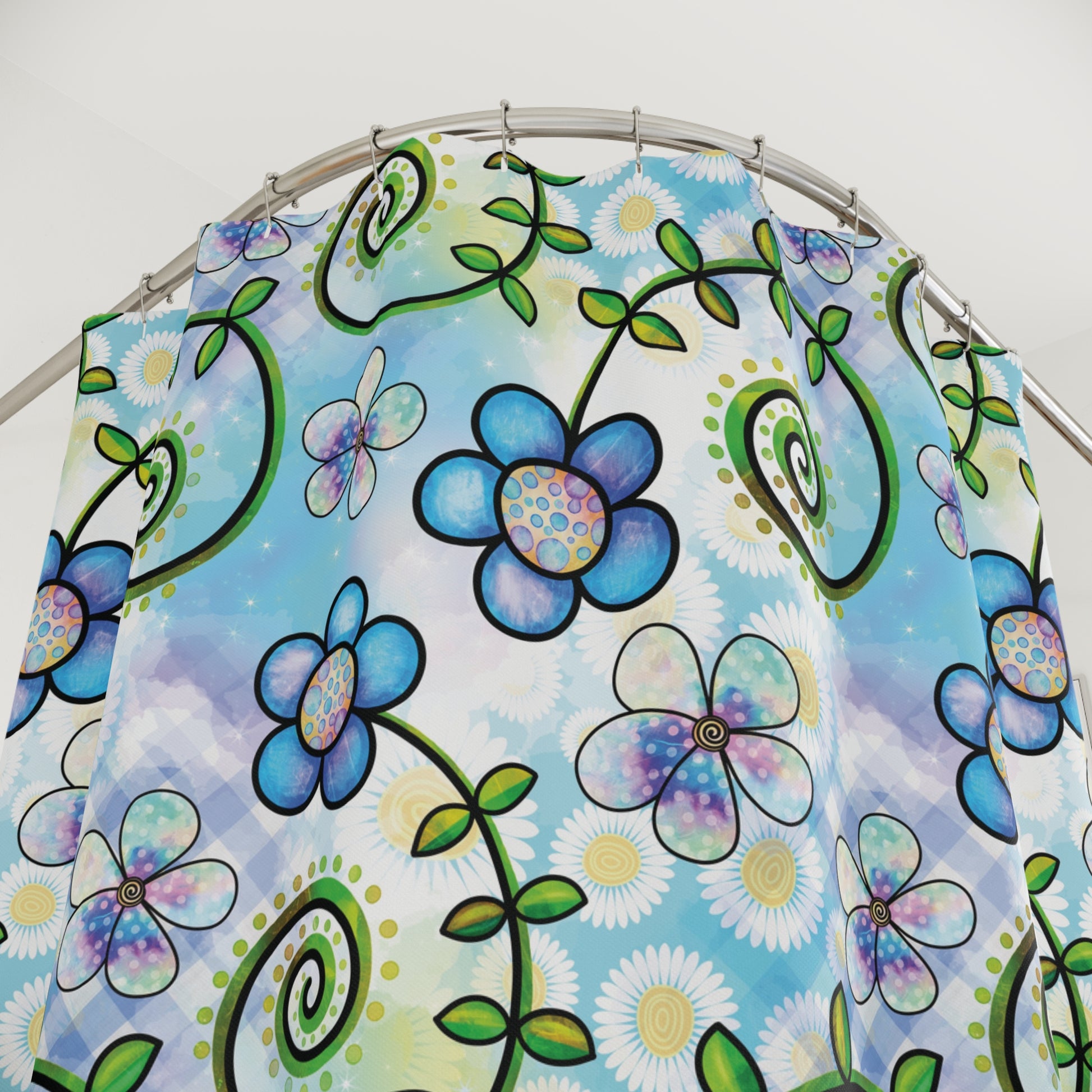 Blue Whimsy Floral Shower Curtain — Playful Swirl & Flower Bathroom Decor