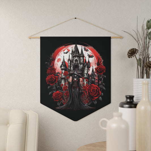 Gothic Castle Pennant — Dark Rose Wall Banner With Witchy Woman In Black