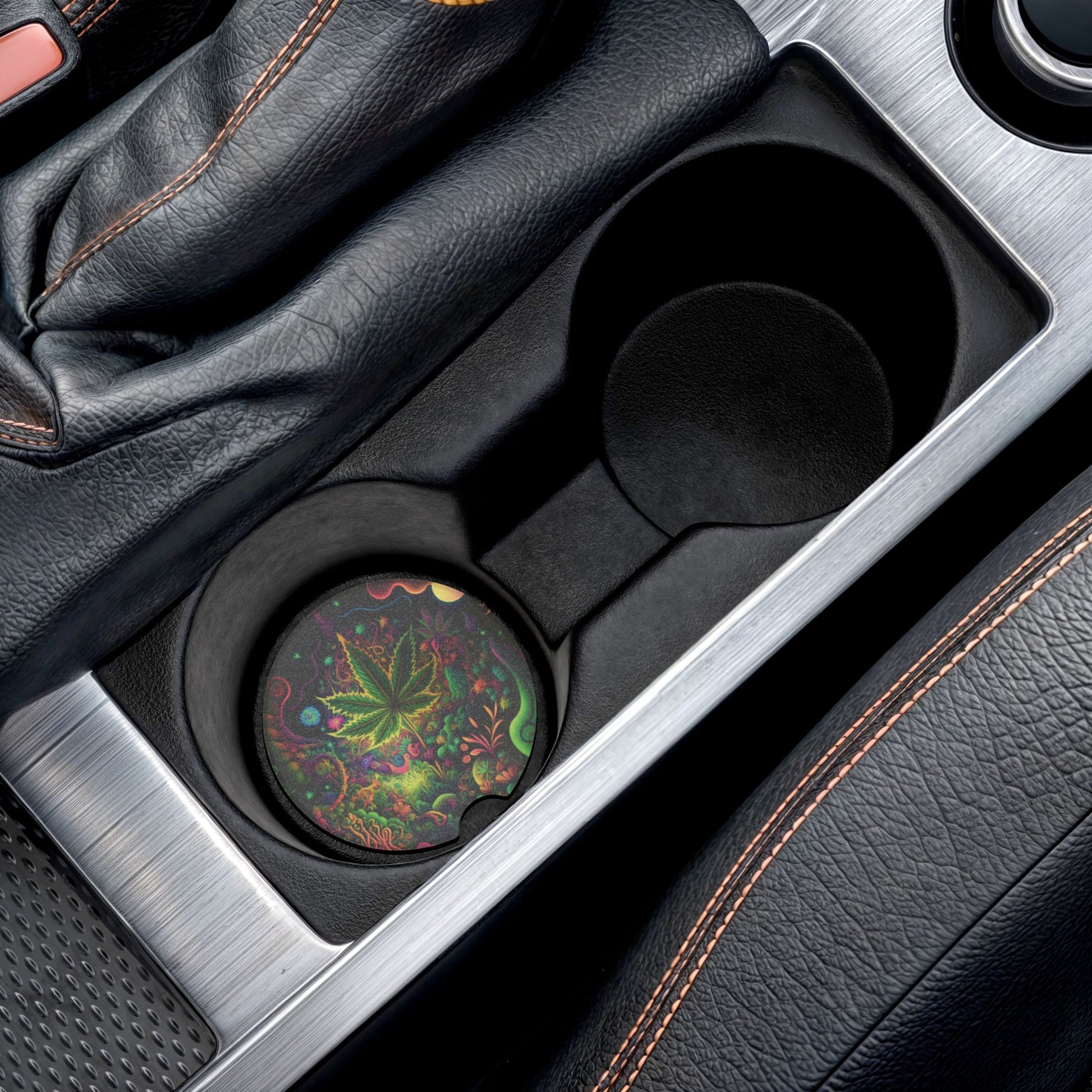 Psychedelic Cannabis Leaf Soapstone Car Coaster — Trippy Vehicle Drink Holder