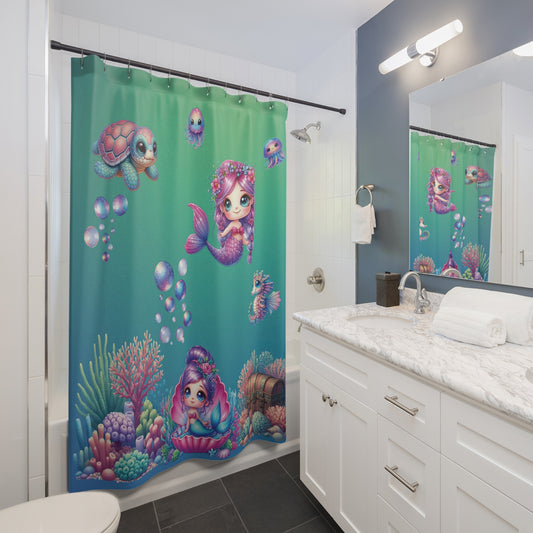 Cute Mermaid & Sea Friends Shower Curtain — Kids Ocean Bath Decor