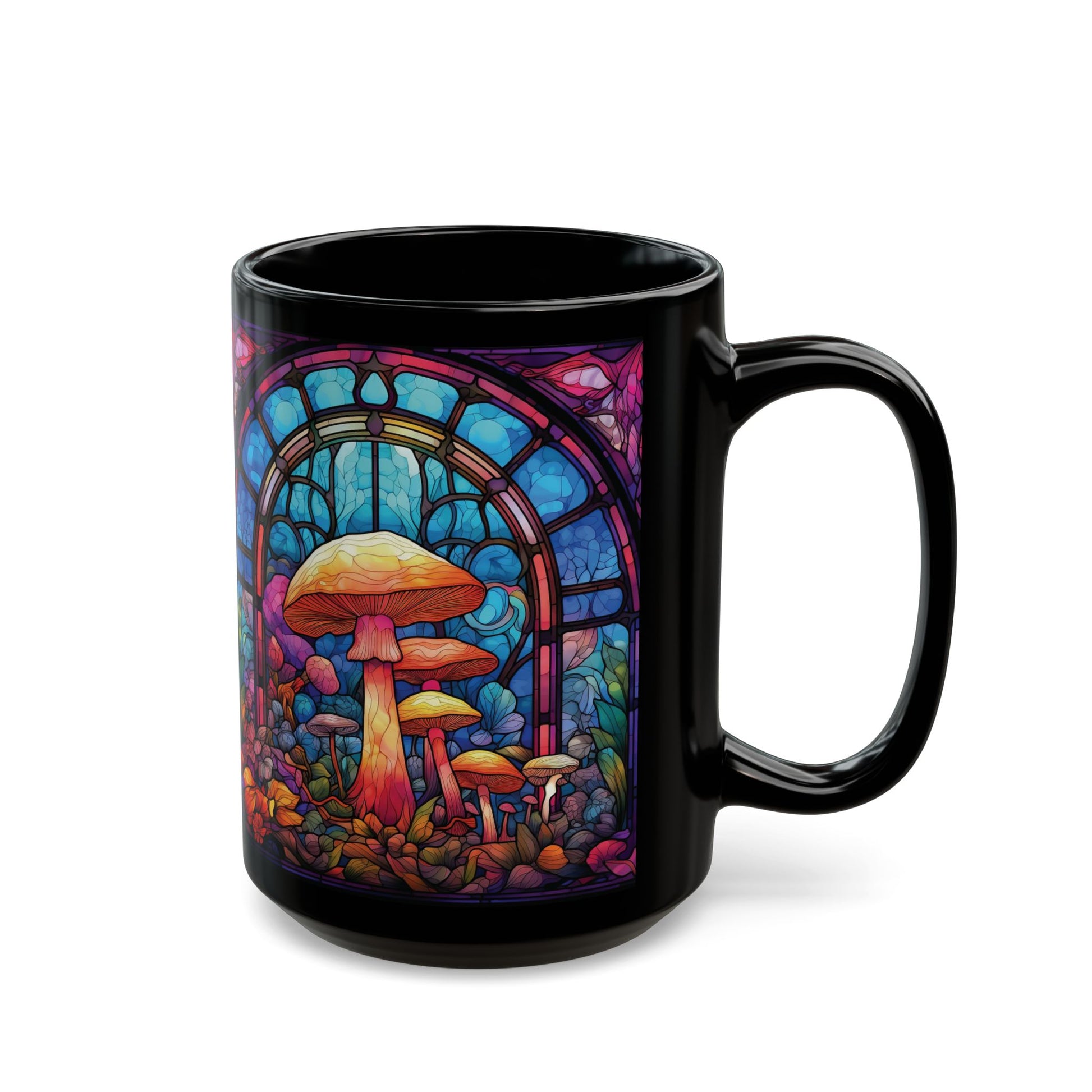 Stained Glass Mushroom Black Mug – Psychedelic Fungi Coffee Cup (15oz)