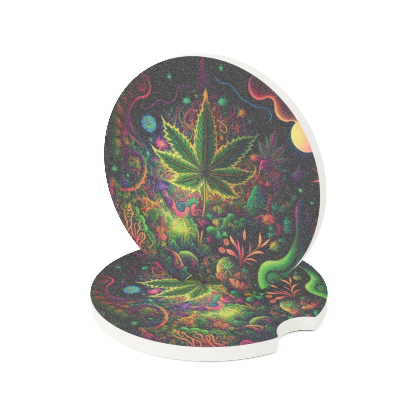 Psychedelic Cannabis Leaf Soapstone Car Coaster — Trippy Vehicle Drink Holder