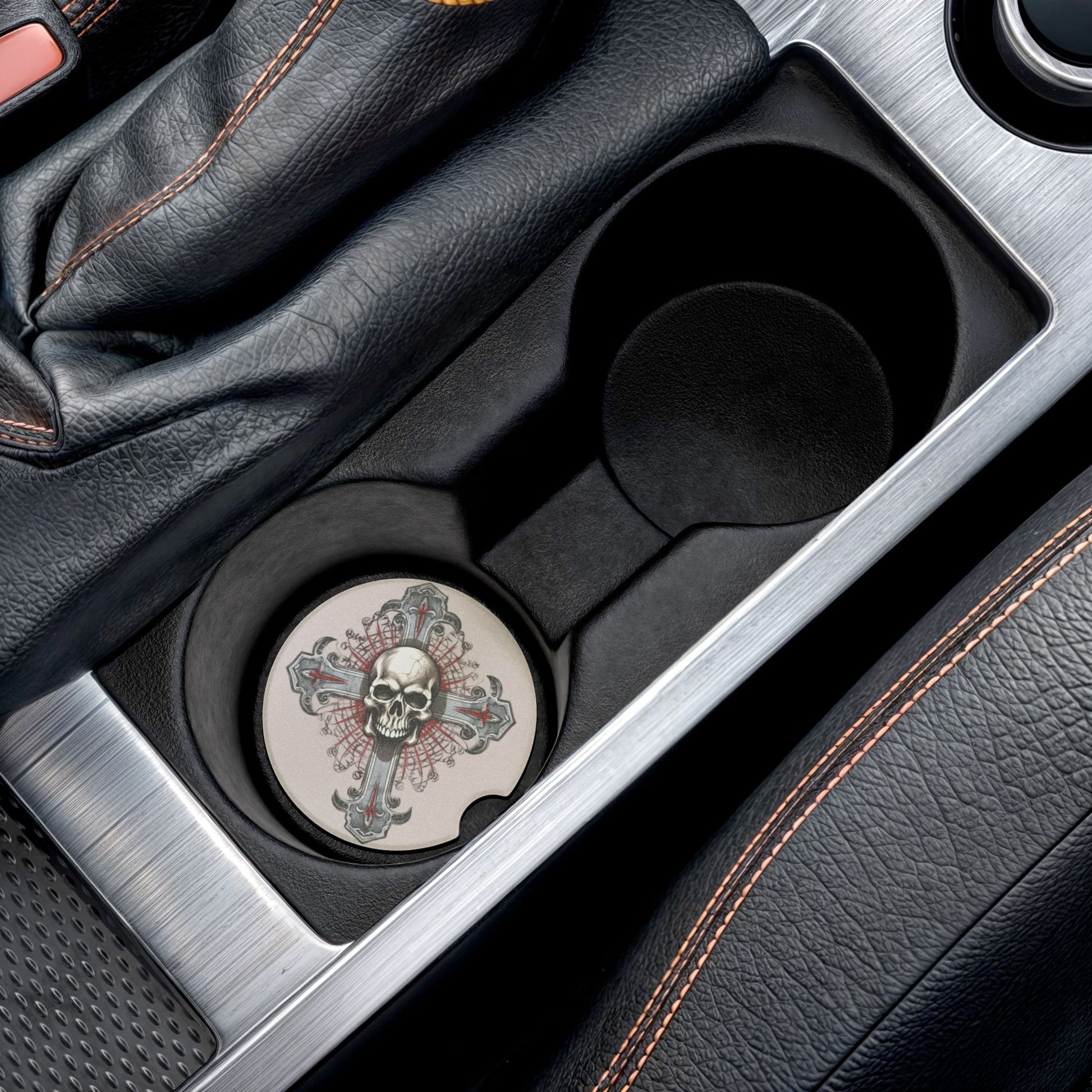 Skull & Cross Soapstone Car Coaster — Gothic Skull Drink Holder Protector